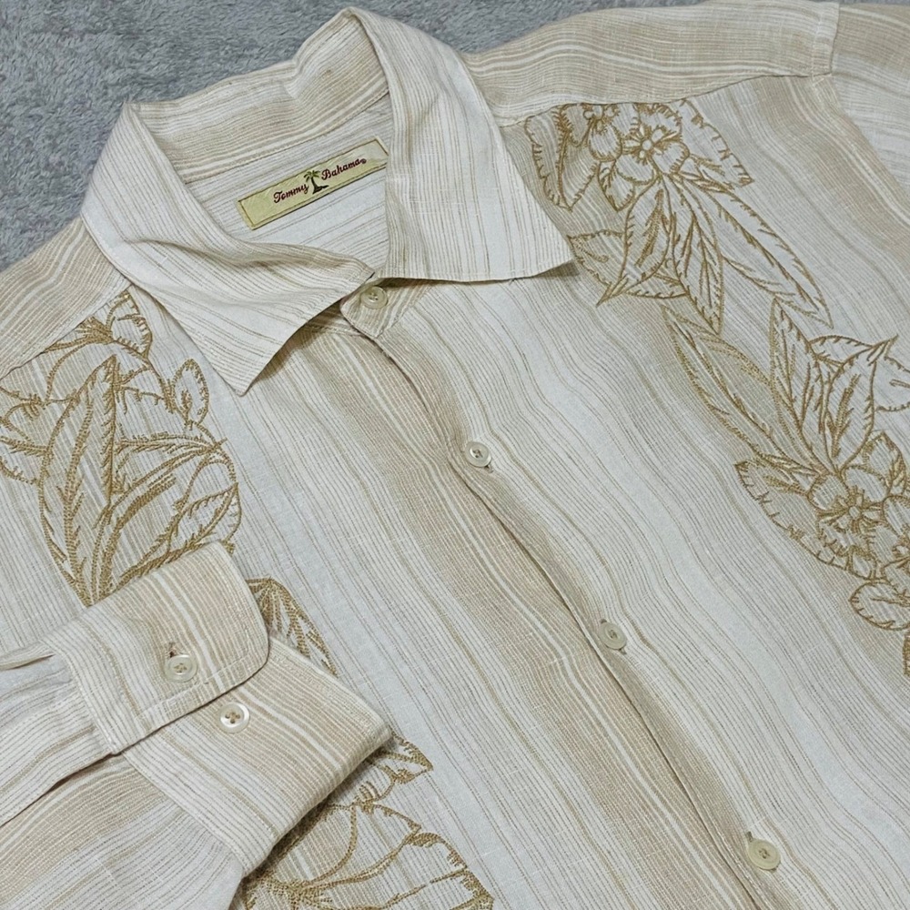 Tommy Bahama Linen Shirt Mens Large Beige Stripe Embroidered Long Sleeve Beachy